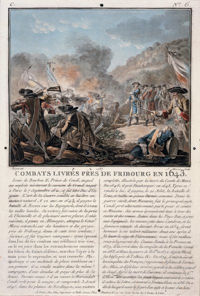 قتال بالقرب من فرايبورغ ، 1643 ، محفور بواسطة جان بابتيست موريت (fl.1790-1820) ، 1787 (ليثو ملون) بواسطة أنطوان لويس فرانسوا سيرجنت مارسو