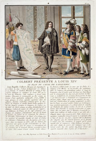 يقدم جان بابتيست كولبير (1619-83) خريطة قناة لانجدوك إلى لويس الرابع عشر ، محفورة بواسطة جان بابتيست موريت (fl.1790-1820) ، 1788 بواسطة أنطوان لويس فرانسوا سيرجنت مارسو