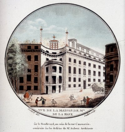 منظر لمنزل السيد Monsieur de La Haye في زاوية شارع Caumartin ، باريس ، تم بناؤه وفقًا لرسومات من قبل المهندس المعماري Aubert. في مناظر متقنة للمباني الرئيسية في باريس بواسطة الرقيب بواسطة أنطوان لويس فرانسوا سيرجنت مارسو