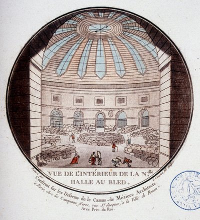 منظر داخلي لقاعة السوق الجديدة التي بناها Le Camus de Mézières بين 1763 و 1766 ، اليوم بورصة في باريس. في مناظر متقنة للمباني الرئيسية في باريس بواسطة الرقيب بواسطة أنطوان لويس فرانسوا سيرجنت مارسو