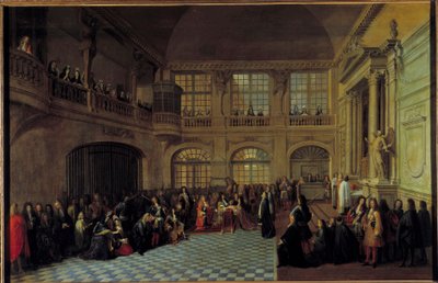 King Louis XIV receiving the oath of the Marquis de Dangeau, grand master of the reunited orders of Notre Dame du Mont Carmel and Saint Lazarus, in the chapel of the chateau of Versailles, on 18/12/1695. Philippe de Courcillon, Marquis de Dangeau (1638-172 بواسطة أنطوان بيزي