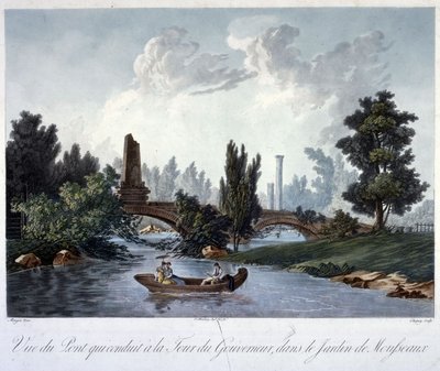 جسر إلى Tour du Gouverneur في Parc Monceau ، محفور بواسطة Chapuy (aquatint) بواسطة أنطوان بيير بعد مونغين