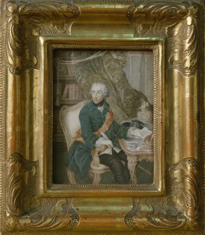 الملك فريدريك الثاني من بروسيا في سترة Hohenzollern ، 1769 (ألوان مائية على العاج) بواسطة انطون فريدريش كونيج