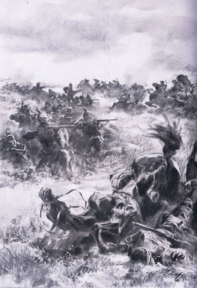 هزيمة لواء الفرسان الروسي الرابع عشر في براشيس ، من حانة التاريخ المصور للحرب العالمية 1914-1915. بواسطة Union Berlagsefellfchaft بواسطة انطون هوفمان