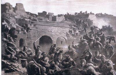 اقتحام قلعة في كافنو ، من حانة التاريخ المصور للحرب العالمية 1914-1915. بواسطة Union Berlagsefellfchaft بواسطة انطون هوفمان