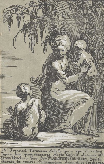 امرأة تقف عند سفح شجرة تحمل رضيعًا وصبيًا جالسًا ، 1724. بواسطة انطون ماريا زانيتي