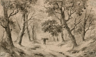 جامع الخشب في الغابة (حبر بني ويغسل على ورق برتقالي) بواسطة Anton Mauve