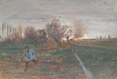 المناظر الطبيعية مع منزل محترق بواسطة انطون نوفاك