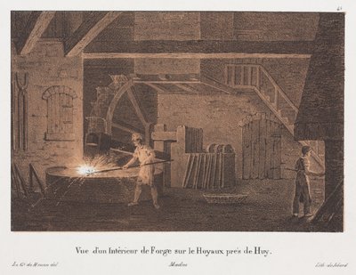 الجزء الداخلي من Forge بالقرب من Huy ، بلجيكا ، منقوش بواسطة Jean-Baptiste Jobard (1792-1861) (لون ليثو ملون) بواسطة أنطون دي بعد Howen