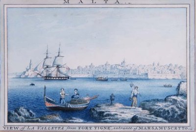 مالطا: منظر لا فاليتا من Fort Tigne ، مدخل Marsamuscetto (ألوان مائية) بواسطة انطون الأصغر (دائرة) شرانز