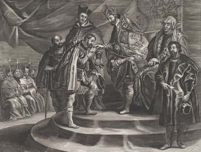 اللوحة 25: توج فيليب ملك إسبانيا على يد والده شارل الخامس من جيلموس بيكانوس 1636. بواسطة انطون فان دير هل