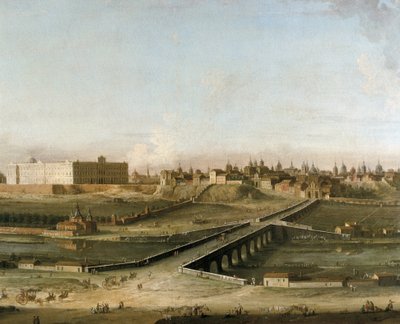 منظر لمدينة مدريد مع القصر الملكي حوالي عام 1750 من الضفة اليمنى لنهر مانزاناريس ، التفاصيل (زيت على قماش) بواسطة أنتونيا دي ديبي جولي