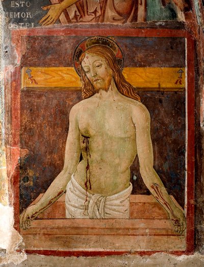Pieta تم وضع علامة على هالة يسوع المسيح بصليب. تفاصيل لوحة جدارية لأنطونيو أكويلي ديتو أنطونيازو رومانو (نشط حوالي 1461-1508) من القرن الخامس عشر دير القديس بينوا (ساكرو سبيكو) ، سوبياكو (روما) ، إيطاليا بواسطة أنطونيازو رومانو