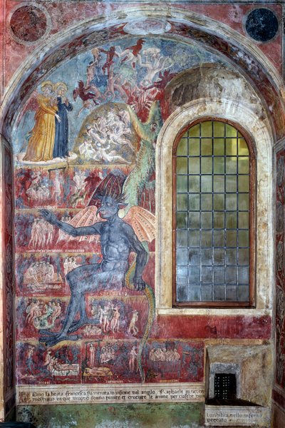 تمثيل الجحيم ، الشيطان يجلس بين دوائر اللعنات المختلفة (Fresco بواسطة أنطونيازو رومانو