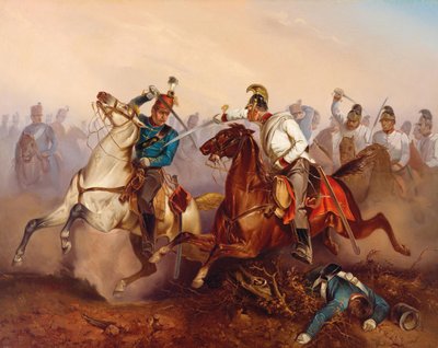 القتال بين فرسان الإمبراطورية النمساوية والفرسان المجريين هونفيد .... المجر عام 1849 ، 1854. بواسطة غرفة أنطونين