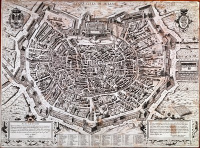 خريطة مدينة ميلانو حررها أنطونيو لافريري (لافريري أو لانفريريوس) (1512-1577) عام 1573. هذه أقدم خريطة في المدينة. ميلانو ، متحف ميلانو - خريطة ميلانو. أقدم خريطة للمدينة في عام 1573 ، حرّرها أنطونيو لافريري. ايطاليا ، متحف ميلانو بواسطة أنطونيو لافريري