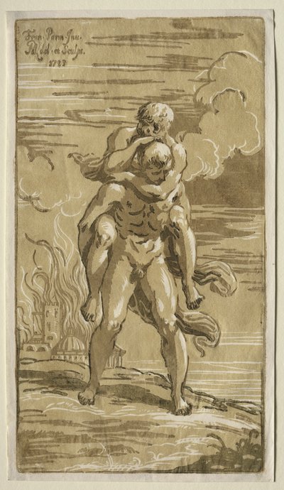 Eneas يحمل Anchises ، والده ، من حرق طروادة بواسطة أنطونيو ماريا الأول زانيتي