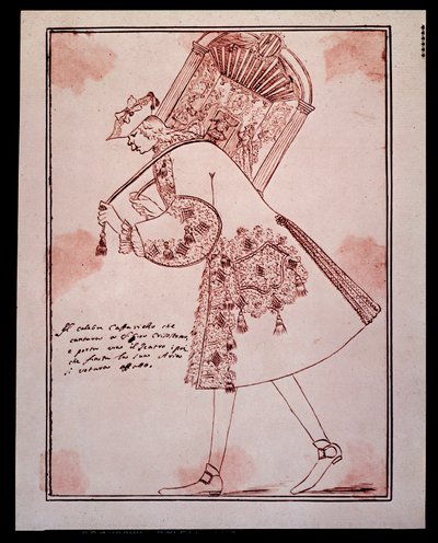 صورة لغايتانو ماجورانا تسمى كافاريلي (أو كافاريلو ، أو جافارييلو) (1710-1783) كاستراتو إيطالي (كاسترات) يحمل كارتون مسرح سان جيوفاني غريسوستومو بواسطة أنطون ماريا زانيتي (1680-1767). القرن ال 18. مجموعة خاصة. بواسطة أنطونيو ماريا زانيتي