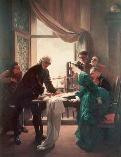 لويجي جالفاني (1737-1798) يجري تجارب على الضفادع بمساعدة زوجته لوسيا جالياتزي بواسطة انطونيو موزي