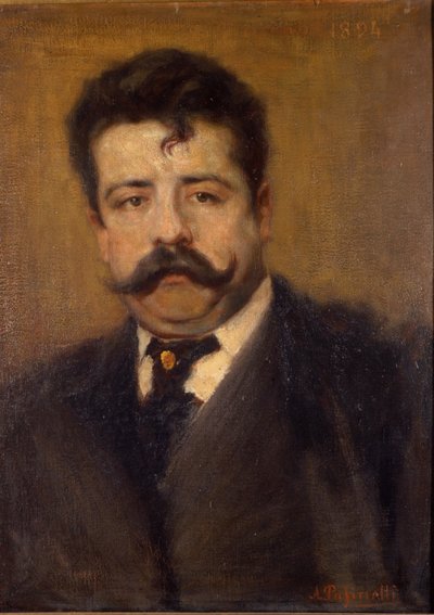 صورة روجيرو ليونكافالو. ملحن إيطالي (1858-1919) رسمه أنطونيو باسينيتي (1863-1940). عام 1894. متحف ديلا سكالا في ميلانو. بواسطة أنطونيو باسينيتي