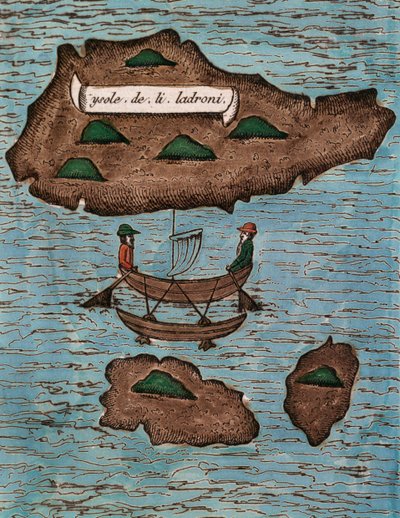 Islas de los Ladrones (جزر ماريانا حاليًا) ، نقش خشبي ملون من تقرير الرحلة الأولى حول العالم مع فرديناند ماجلان بواسطة أنطونيو بيجافيتا