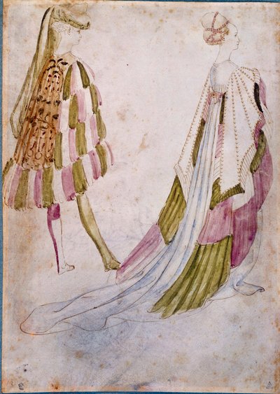 A man and a woman in court clothes Watercolour, feather and wash by Antonio di Puccio Pisano dit Pisanello (before 1395-1455) 1450 Sun. 0,27x0,19 m Chantilly, Musee Conde بواسطة أنطونيو بيسانيلو