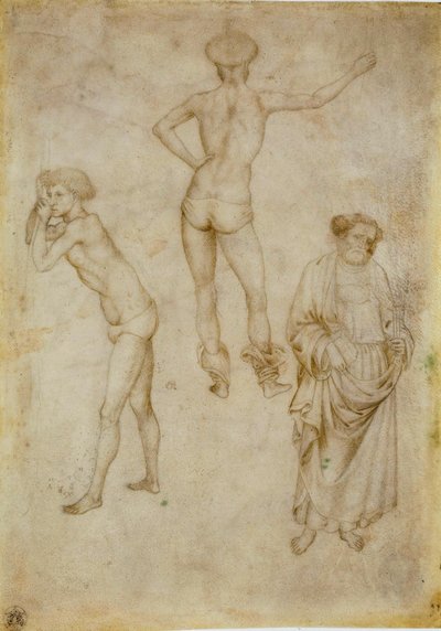 "" Figures masculines et saint Pierre "(دراستان على شكل رجل و Saint Peter) Etude Dessin d'Antonio Pisanello (1395-1455) قلم وفرشاة ، حبر رمادي وبني على ورق 1430-1435 خافت 27،1x18،9 سم Staatliche موسين ، برلين بواسطة أنطونيو بيسانيلو