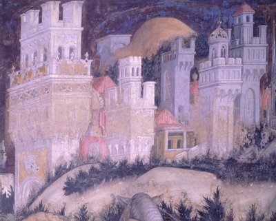 سانت جورج والأميرة ، المدينة ذات الأبراج ، بواسطة أنطونيو بيسانيلو (1395-1455) ، لوحة جدارية ، بازيليك سانت أناستاسيا ، فيرونا بواسطة أنطونيو بيسانيلو
