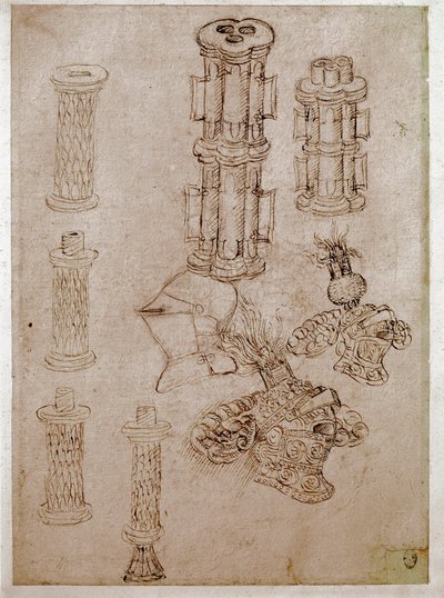تم تفكيك ثلاث خوذات مغطاة بصدور وقطعتان من البنادق. رسم أنطونيو دي بوتشيو بيسانو ديت بيسانيلو (1395-1455) حبر بني ، حجر أسود ، ريش. خافت: 28،7x20،6 سم. اللوفر ، شركة رسم بواسطة أنطونيو بيسانيلو
