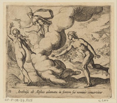 Arethusa wordt achtervolgd باب Alpheus أريثوزا ، التي وقعت في حب ألفيوس ، تحولت إلى مصدر اسمها (العنوان على الشيء) Metamorphoseon أو التحويلات (عنوان السلسلة) ميتامورفوسين فان أوفيديوس (عنوان المسلسل) بواسطة انطونيو تمبيستا