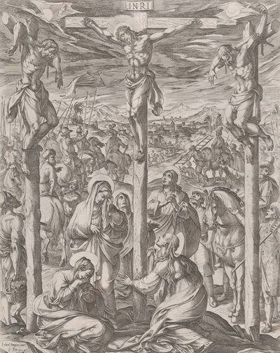 صُلِبَ المسيح بين اللصّين ، مريم الثلاث عند سفح الصليب ، 1612. بواسطة انطونيو تمبيستا