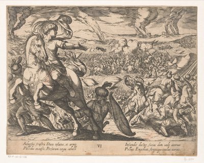 داريوس يهرب من ساحة المعركة أفعال الإسكندر الأكبر (عنوان السلسلة) Alexandri magni praecipvae res gestae (عنوان السلسلة) بواسطة كاريل الثالث فان كرو (هيرتوغ فان أارشوت)