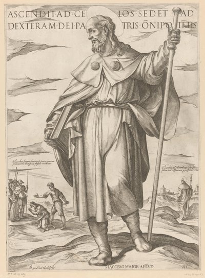 De heilige Jakobus de Meerdere صعد إلى السماء يجلس على يمين الله الآب القاهر (العنوان على الكائن) كريستوس ، ماريا إن دي أبوستلين (عنوان السلسلة) بواسطة انطونيو تمبيستا