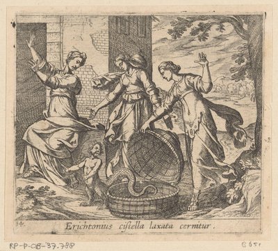 Erichthonius uit zijn mand gelaten يُرى إريكثونيوس بسلة فضفاضة (العنوان على الجسم) Metamorphoseon أو التحويلات (عنوان السلسلة) ميتامورفوسين فان أوفيديوس (عنوان المسلسل) بواسطة انطونيو تمبيستا