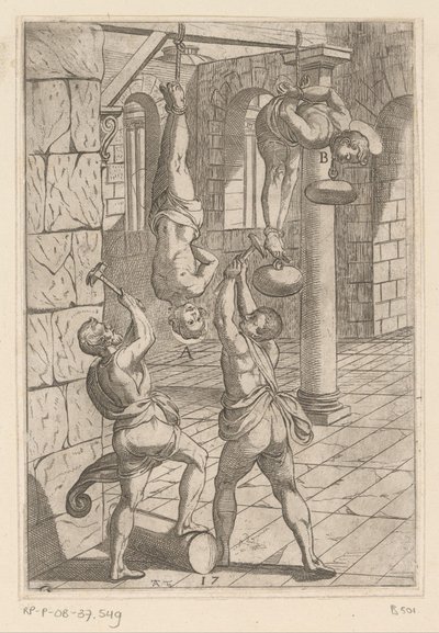 التعذيب بالمطارق أثناء التعليق تعذيب شهداء المسيحيين (عنوان المسلسل) Varia tormentorum et supplicioru crudelium (...] (عنوان السلسلة) بواسطة انطونيو تمبيستا