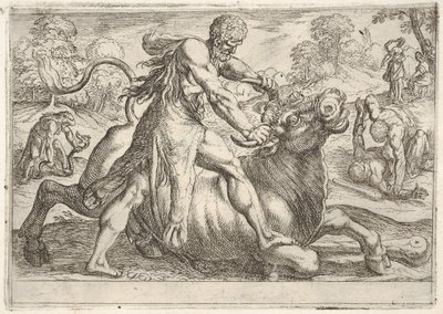 هرقل وأخيلوس: في المركز ، يمسك هرقل قرون الثور أثناء الضغط على رجليه ، 1608. بواسطة انطونيو تمبيستا