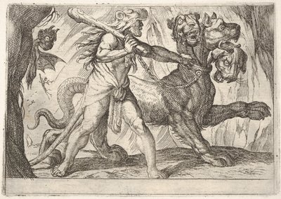 هرقل وسيربيروس: يمسك هرقل طوق سيربيروس ، يظهر شيطانان على اليسار ... ، 1608. بواسطة انطونيو تمبيستا
