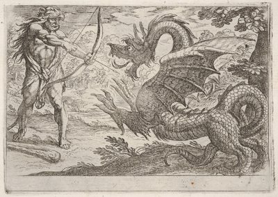 هرقل والأفعى لادون: هرقل يرسم قوسه ، والثعبان الذي يربى يظهر في الموالية ... ، 1608. بواسطة انطونيو تمبيستا