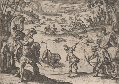اللوحة 11: صيد أسد الإسكندر ، من أعمال الإسكندر الأكبر ، 1608. بواسطة انطونيو تمبيستا