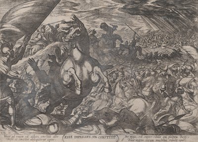 اللوحة 11: جوشوا يأمر الشمس بالوقوف ساكنة ، من 'The Battles of the Ol ...، ca. 1590-كاليفورنيا. 1610. بواسطة انطونيو تمبيستا
