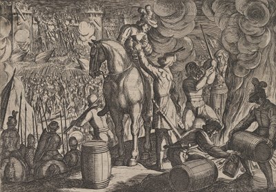 اللوحة 13: الهجوم على القلعة الرومانية ليلاً ، من حرب الرومان ضد با ... ، 1611. بواسطة انطونيو تمبيستا