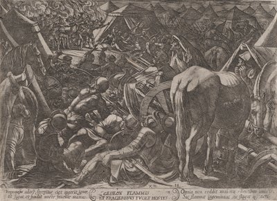 اللوحة 14: جدعون يرهب معسكر الأعداء ، من 'The Battles of the Old Tes ...، ca. 1590-كاليفورنيا. 1610. بواسطة انطونيو تمبيستا