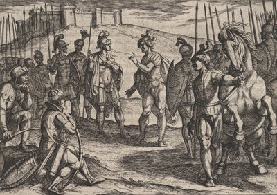اللوحة 15: المدنيون يتعاملون مع قائد روماني ، من حرب الرومان ضد ... ، 1611. بواسطة انطونيو تمبيستا