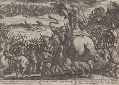اللوحة 16: ديفيد قتل جليات ، من "معارك العهد القديم" ، كاليفورنيا ... 1590-كاليفورنيا. 1610. بواسطة انطونيو تمبيستا