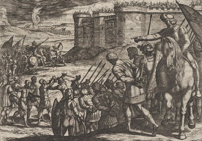 اللوحة 16: الأسرى الرومان قبل القلعة القديمة ، من حرب الرومان ضد القرن السادس عشر ... ، 1611. بواسطة انطونيو تمبيستا