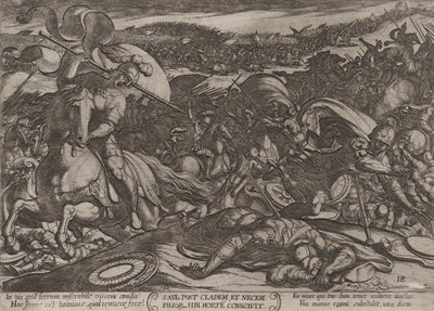 اللوحة 18: انتحار شاول بعد هزيمته على يد الفلسطينيين ، من The Battl ...، ca. 1590-كاليفورنيا. 1610. بواسطة انطونيو تمبيستا