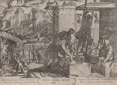 اللوحة 24: الإسرائيليون يعيدون بناء أسوار القدس ، من كتاب The Battles ...، ca. 1590-كاليفورنيا. 1610. بواسطة انطونيو تمبيستا