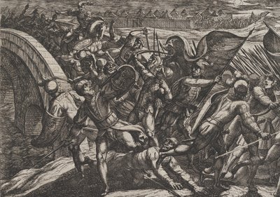 اللوحة 27: الهولنديون أثناء هجوم مفاجئ على المعسكر الروماني على نهر موزيل ، من The Wa ... ، 1611. بواسطة انطونيو تمبيستا