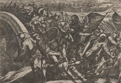 اللوحة 27: الهولنديون أثناء هجوم مفاجئ على المعسكر الروماني على نهر موزيل ، من The Wa ... ، 1611. بواسطة انطونيو تمبيستا