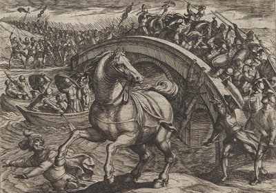 اللوحة 31: أجبر المدنيون على النزول والسباحة عبر النهر ، من حرب الرومان ... ، 1611. بواسطة انطونيو تمبيستا